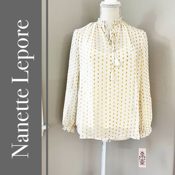 NEW Nanette Lepore Gold Polka Dot Sheer Blouse Top - Picture 1 of 9